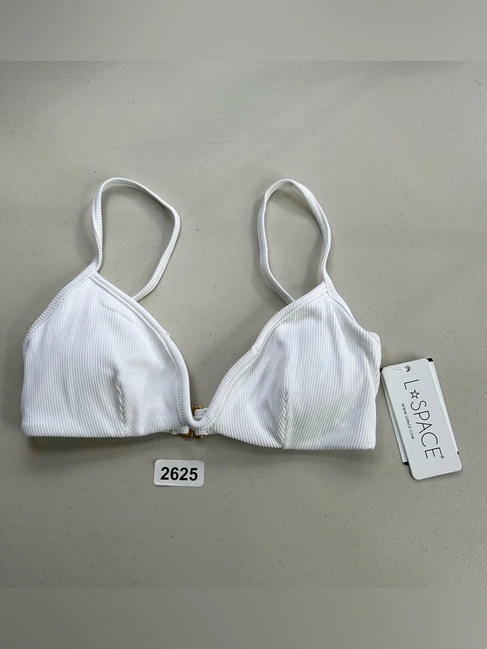 L*SPACE Helena Bikini Top XS White Ribbed Gold V Wire Swimwear Bachelorette NWT